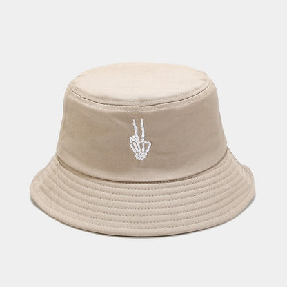 "Skull Finger Embroidered Bucket Hat - New European-American Style Fishing Hat for Cross-Border E-Commerce Trendsetters" Khaki Hat - Size undefined