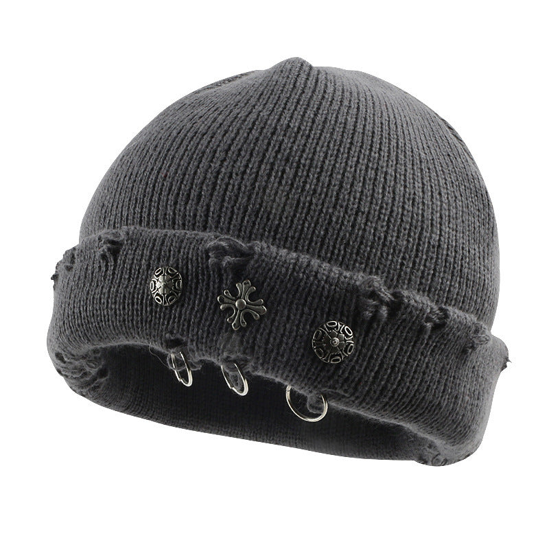 Vintage Cross Knit Beanie - Distressed Style, Punk Streetwear, Warm for Outdoor & Gatherings