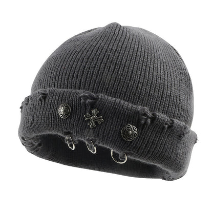 Vintage Cross Knit Beanie - Distressed Style, Punk Streetwear, Warm for Outdoor & Gatherings