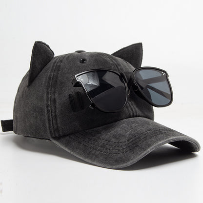 Vintage Cat Ear Baseball Cap -  Washed Distressed Cotton Hat with Sunglasses Holder