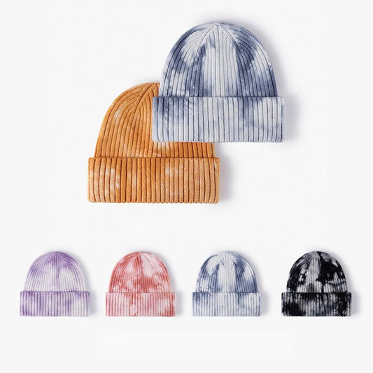 Tie-Dye Knit Beanie for Autumn & Winter – Wide Brim, Ear Warmers, Windproof for Outdoor & Gatherings