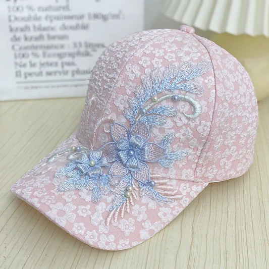 Floral Lace Baseball Cap - Sweet Embroidered Flower & Pearl Accent Hat for Women (Vintage Summer Style)