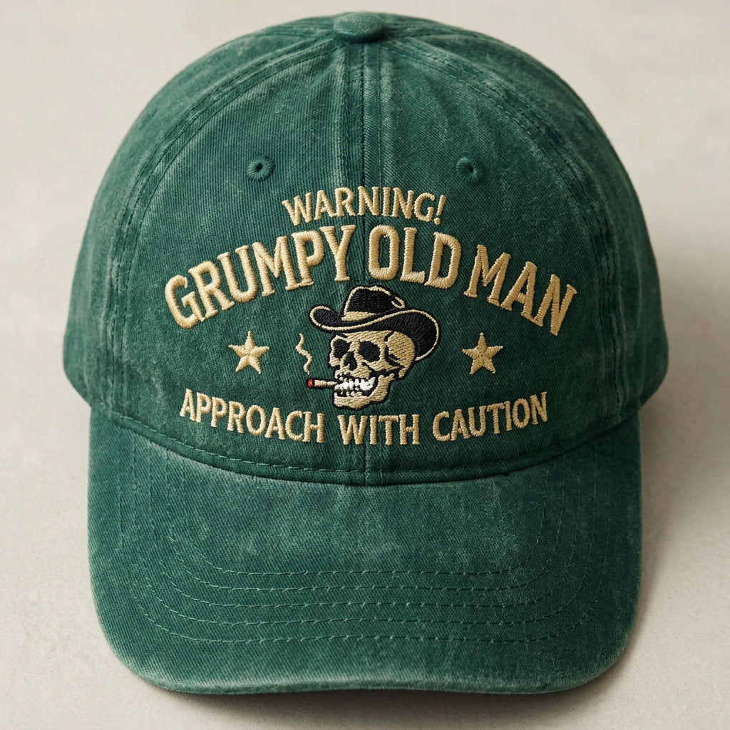 Grumpy Old Man Distressed Baseball Cap Warning Funny Embroidered Skull Hat