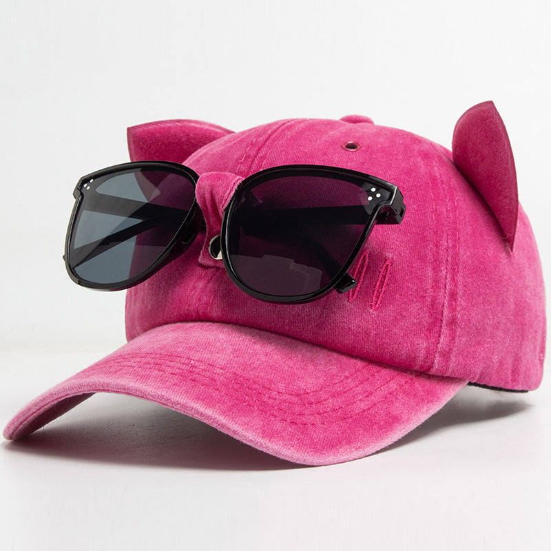Vintage Cat Ear Baseball Cap -  Washed Distressed Cotton Hat with Sunglasses Holder