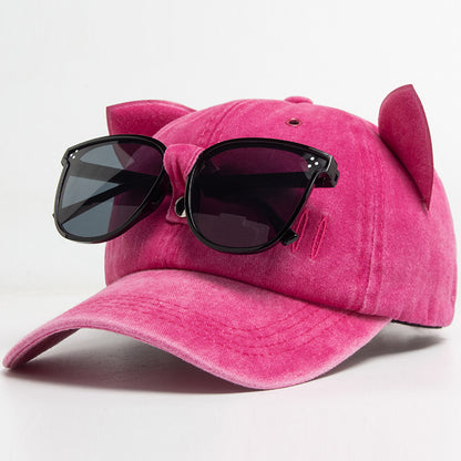 Vintage Cat Ear Baseball Cap -  Washed Distressed Cotton Hat with Sunglasses Holder