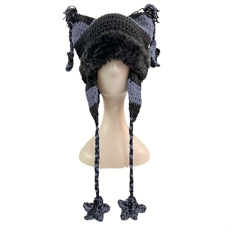 Hand-Crocheted Winter Beanie - Sweet Cat Ear Design with Star Ribbon, Wool & Cotton Blend for Warmth