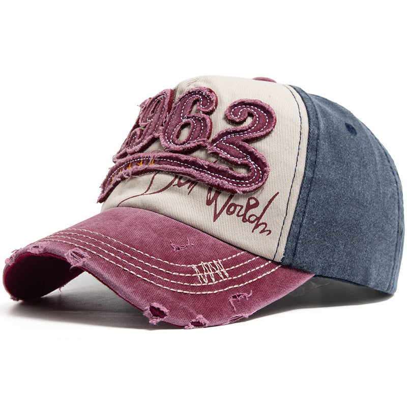 Vintage 1962 Distressed Baseball Cap - Washed Cotton Patchwork Hat with Embroidery and Adjustable Strap