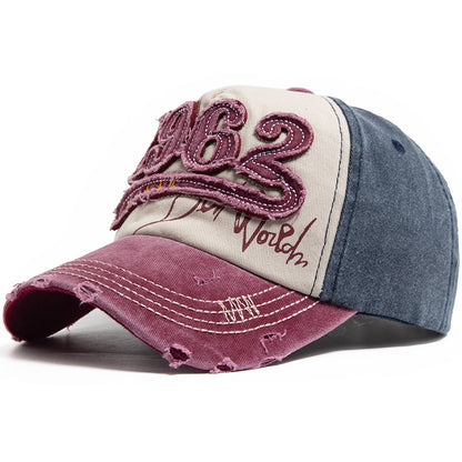 Vintage 1962 Distressed Baseball Cap - Washed Cotton Patchwork Hat with Embroidery and Adjustable Strap