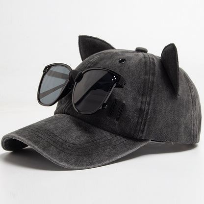 Vintage Cat Ear Baseball Cap -  Washed Distressed Cotton Hat with Sunglasses Holder
