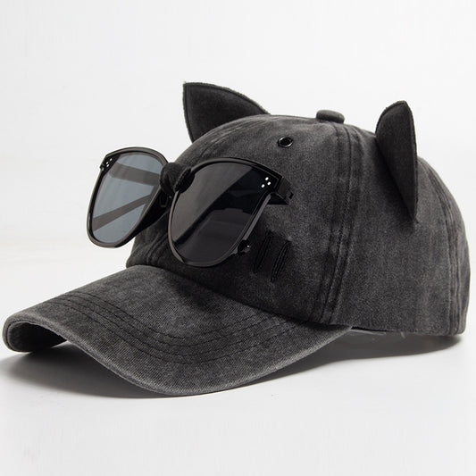 Vintage Cat Ear Baseball Cap -  Washed Distressed Cotton Hat with Sunglasses Holder