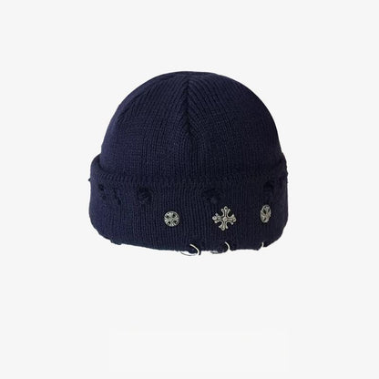 Vintage Cross Knit Beanie - Distressed Style, Punk Streetwear, Warm for Outdoor & Gatherings