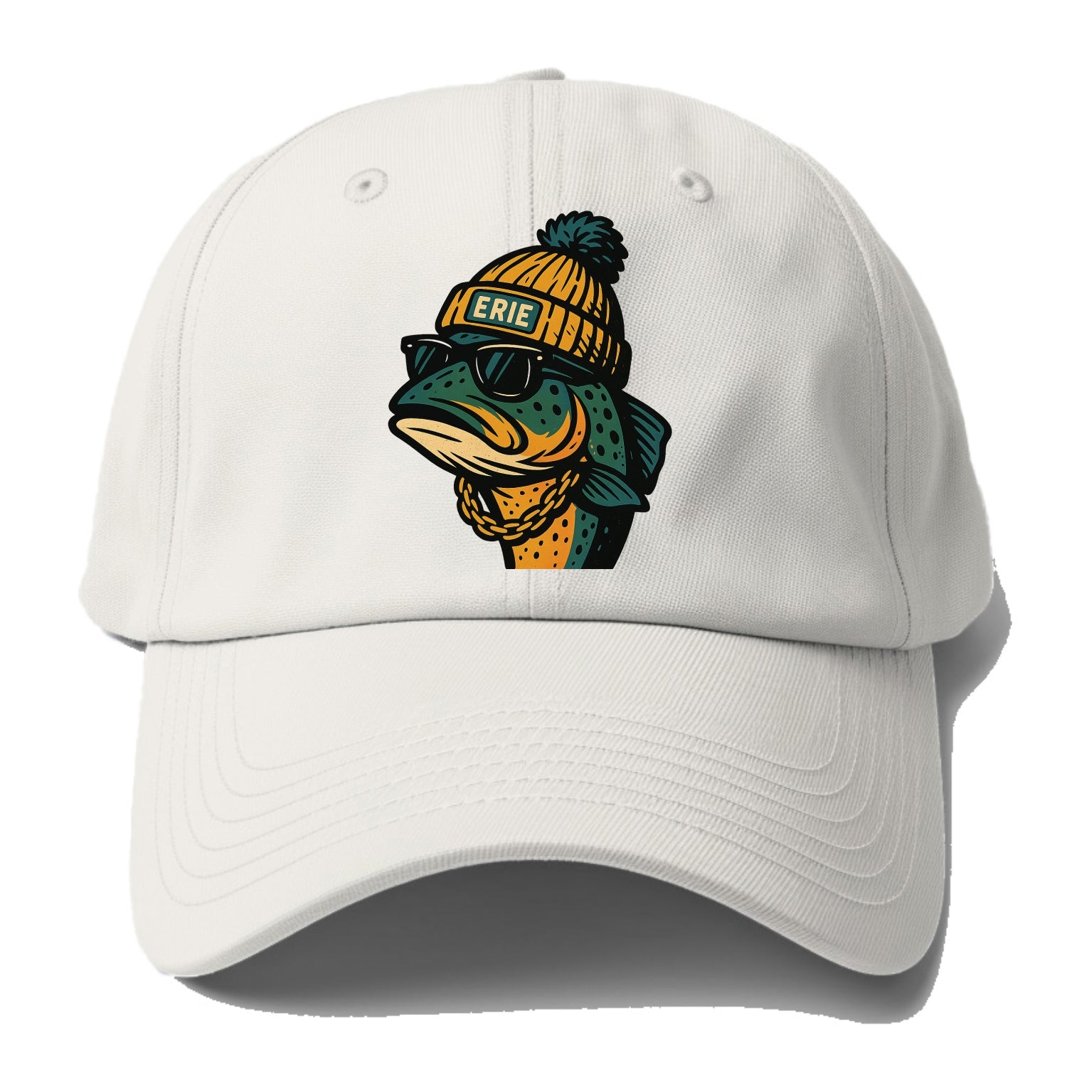 Erie Lake Trout wearing Erie beanie with pom pom and wayfarer sunglasses - Baseball Cap - Off White