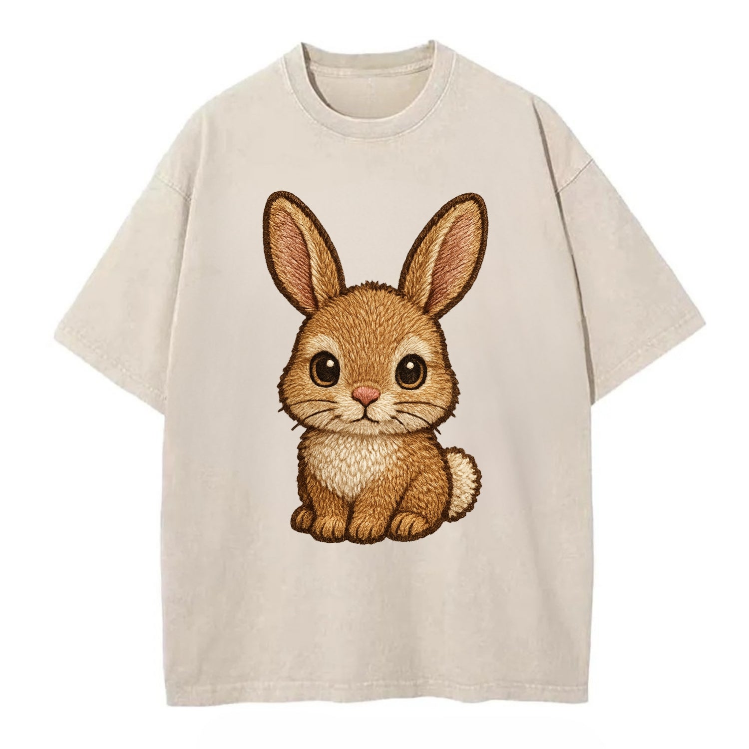 Baby Rabbit - long ears, fluffy white tail, pink nose, large brown eyes, - Vintage T-shirt - Off White