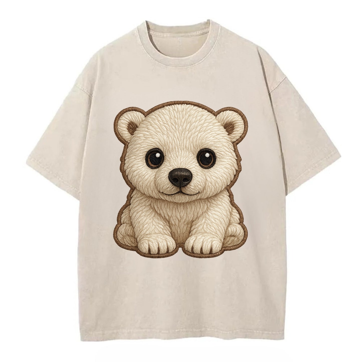 Baby Polar Bear Cub - white fluffy, black nose, dark curious eyes, front-facing, - Vintage T-shirt - Off White