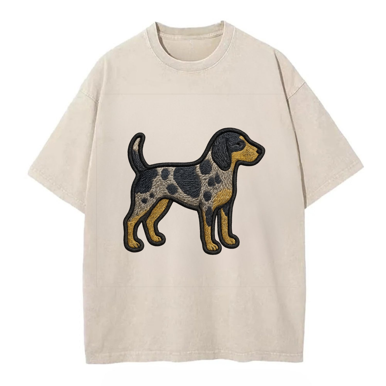 Bluetick Coonhound - Trendy spotted hound logo with prominent black border - Vintage T-shirt - Off White