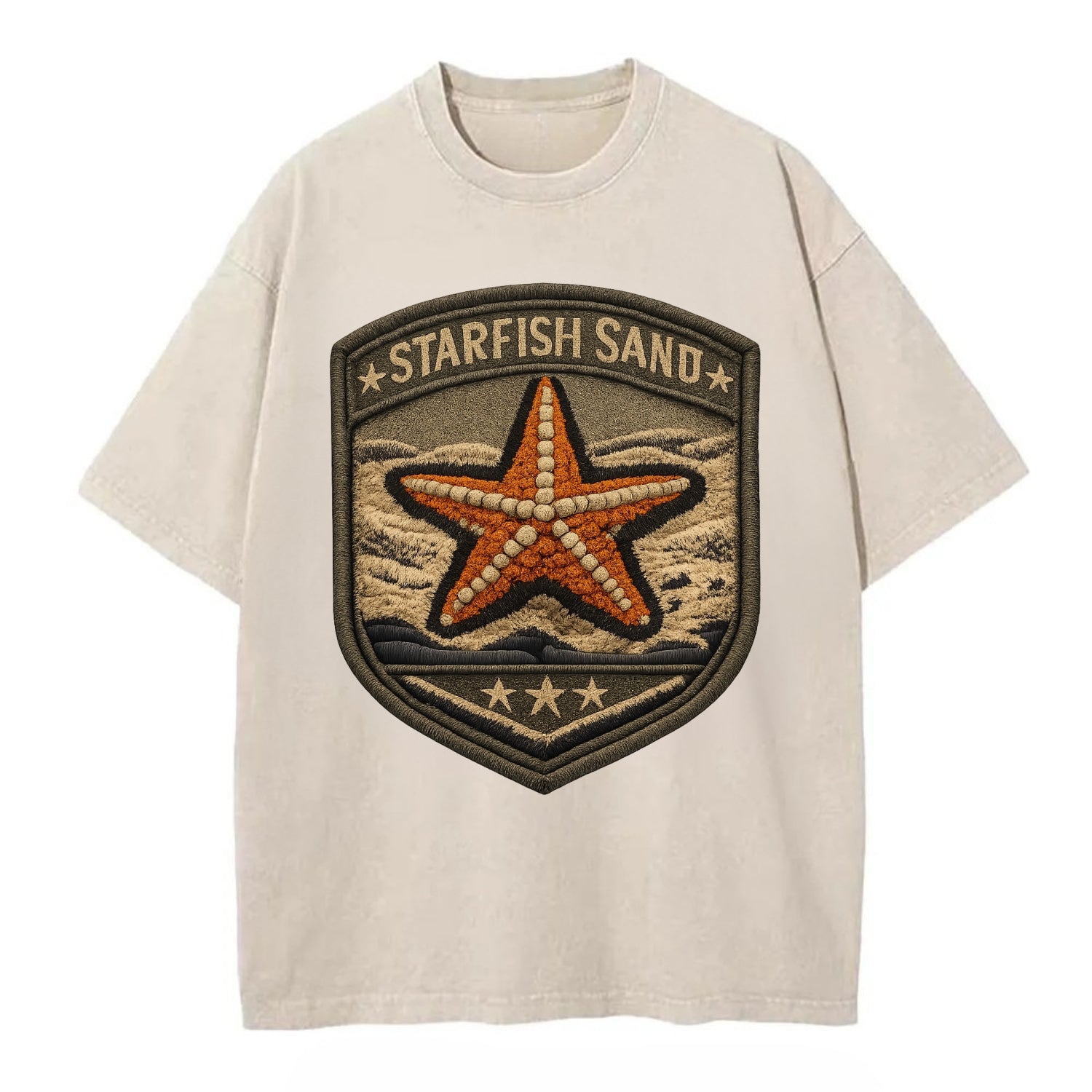 STARFISH SAND - sea star in orange and tan , beachcomber - Vintage T-shirt - Off White