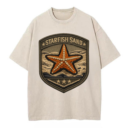 STARFISH SAND - sea star in orange and tan , beachcomber - Vintage T-shirt - Off White