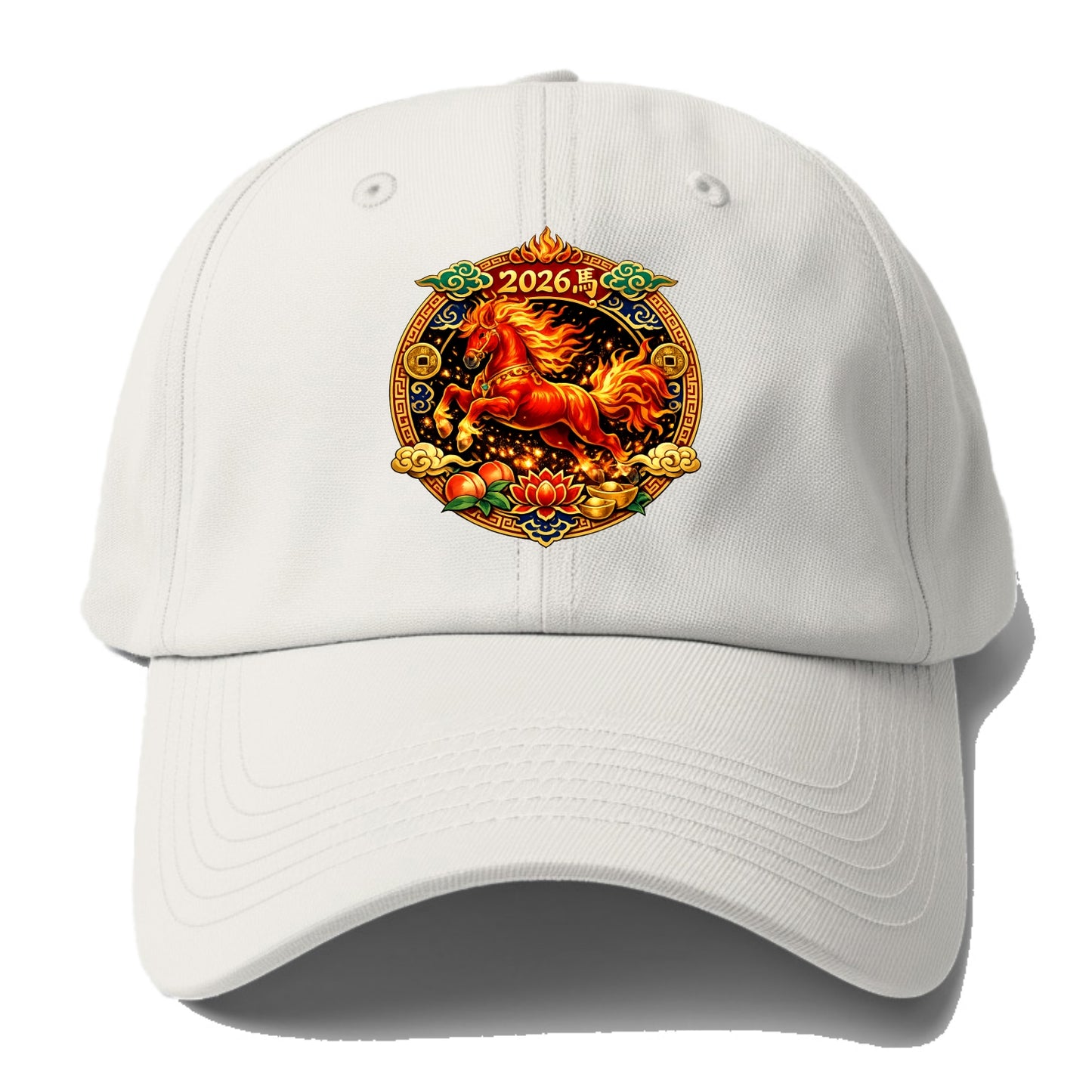 FIRE HORSE | Flaming mane and tail horse | Blazing orange and red colors | Dynamic - Baseball Cap - Off White