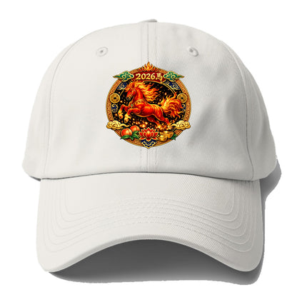FIRE HORSE | Flaming mane and tail horse | Blazing orange and red colors | Dynamic - Baseball Cap - Off White