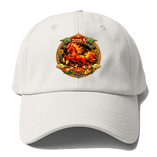 FIRE HORSE | Flaming mane and tail horse | Blazing orange and red colors | Dynamic - Baseball Cap - Off White