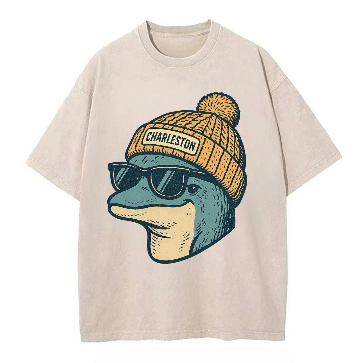 Charleston Dolphin wearing Charleston beanie with pom pom and wayfarer sunglasses - Vintage T-shirt - Off White