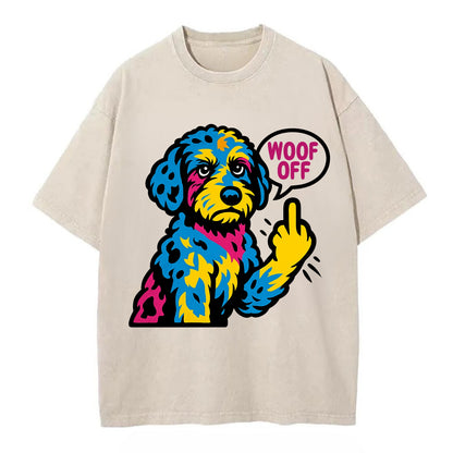 Aussiedoodle with merle patches and curly coat, playful smart paw raised - Vintage T-shirt - Off White
