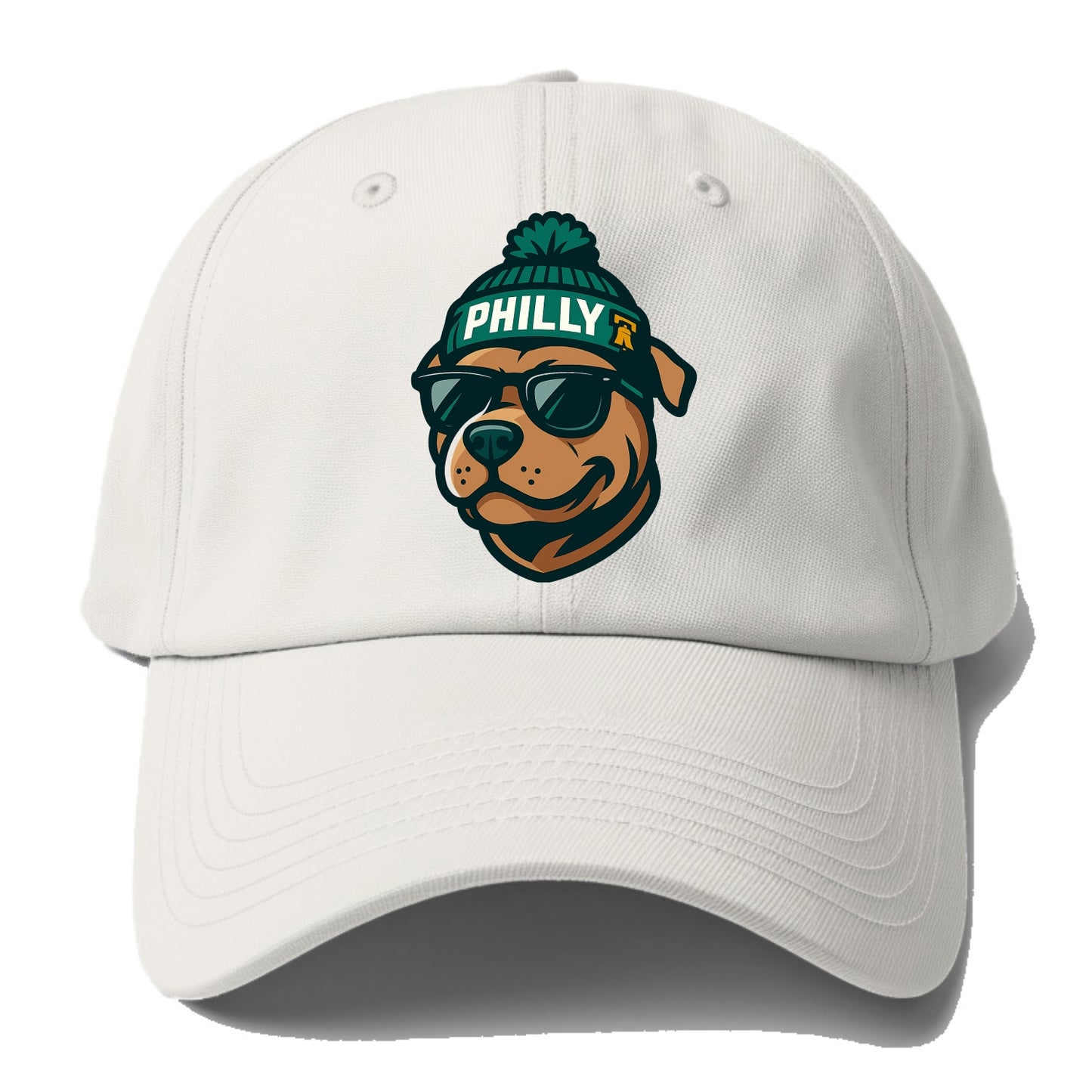 Philly Pitbull wearing Eagles beanie with Liberty Bell patch and wayfarer sunglasses - Baseball Cap - Off White