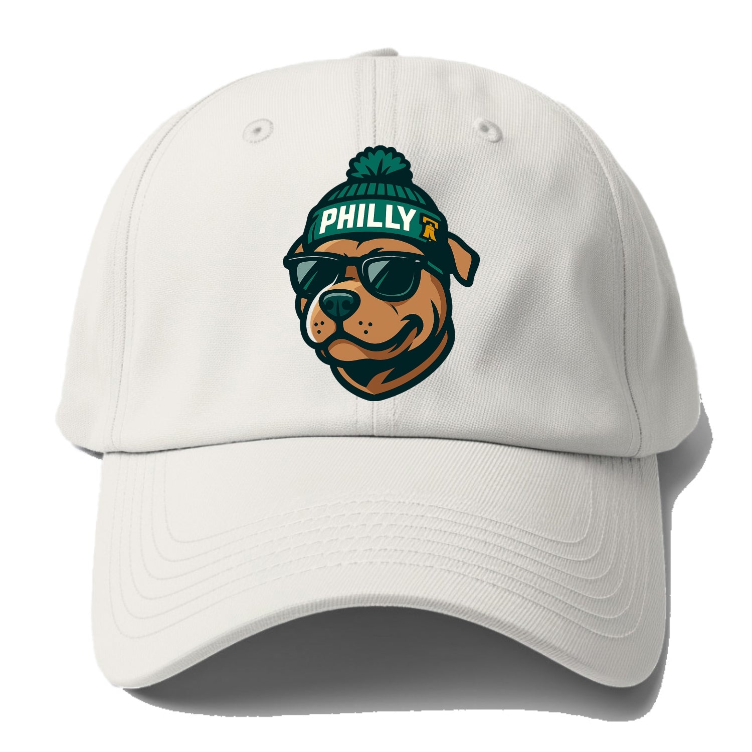 Philly Pitbull wearing Eagles beanie with Liberty Bell patch and wayfarer sunglasses - Baseball Cap - Off White