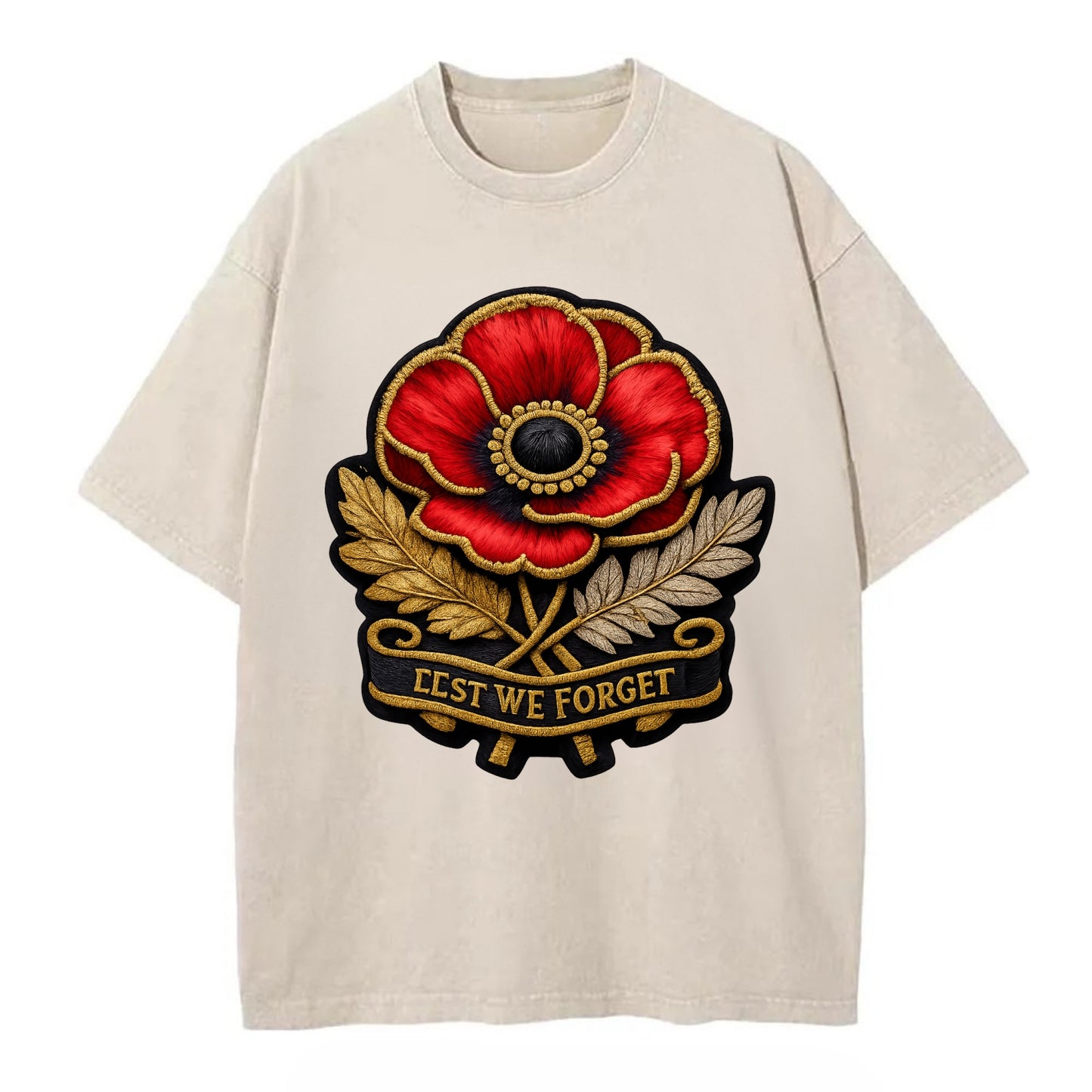 MEMORIAL POPPY - red poppy flower in scarlet , remembrance - Vintage T-shirt - Off White