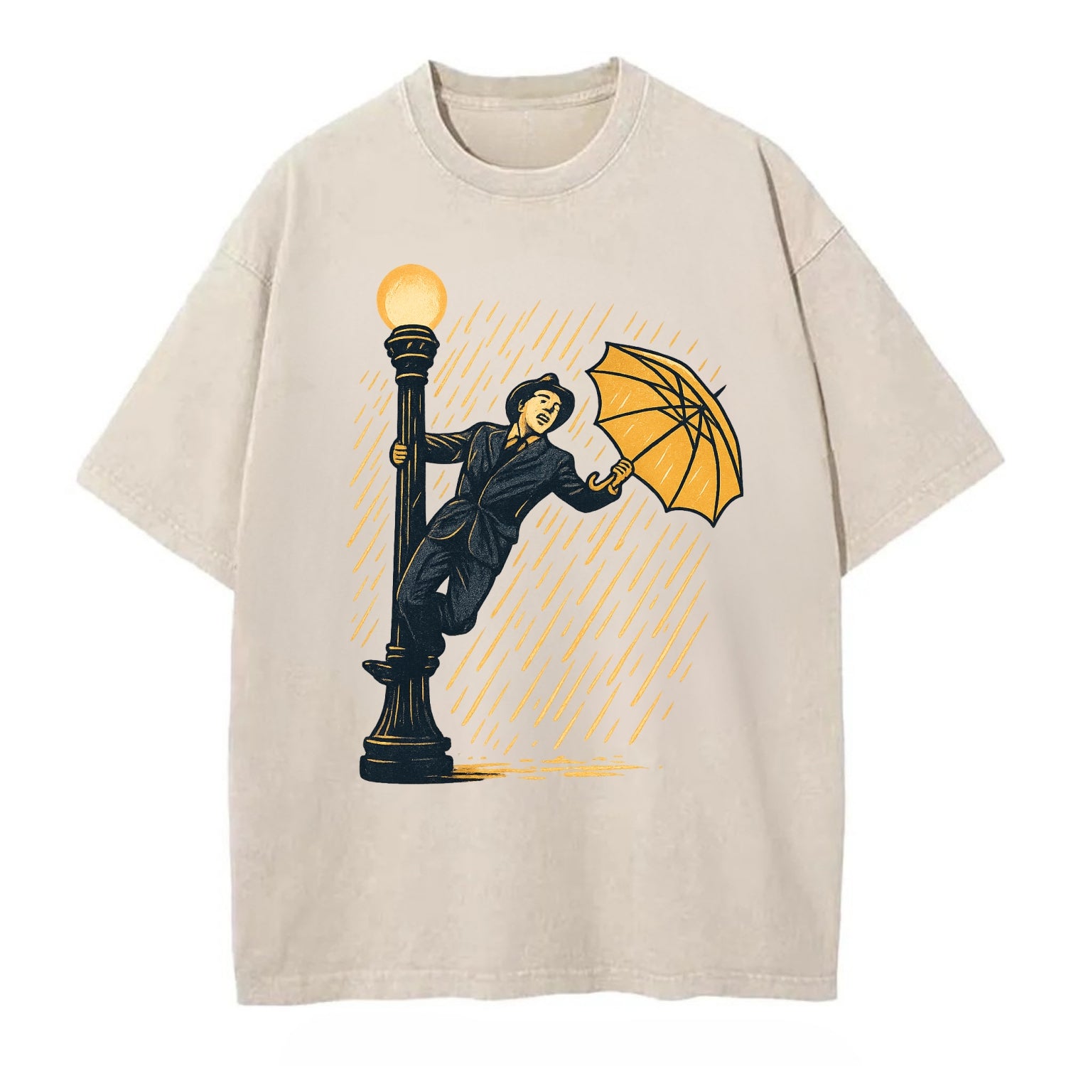 joyful dancing on lamppost in heavy rain with big smile - Vintage T-shirt - Off White