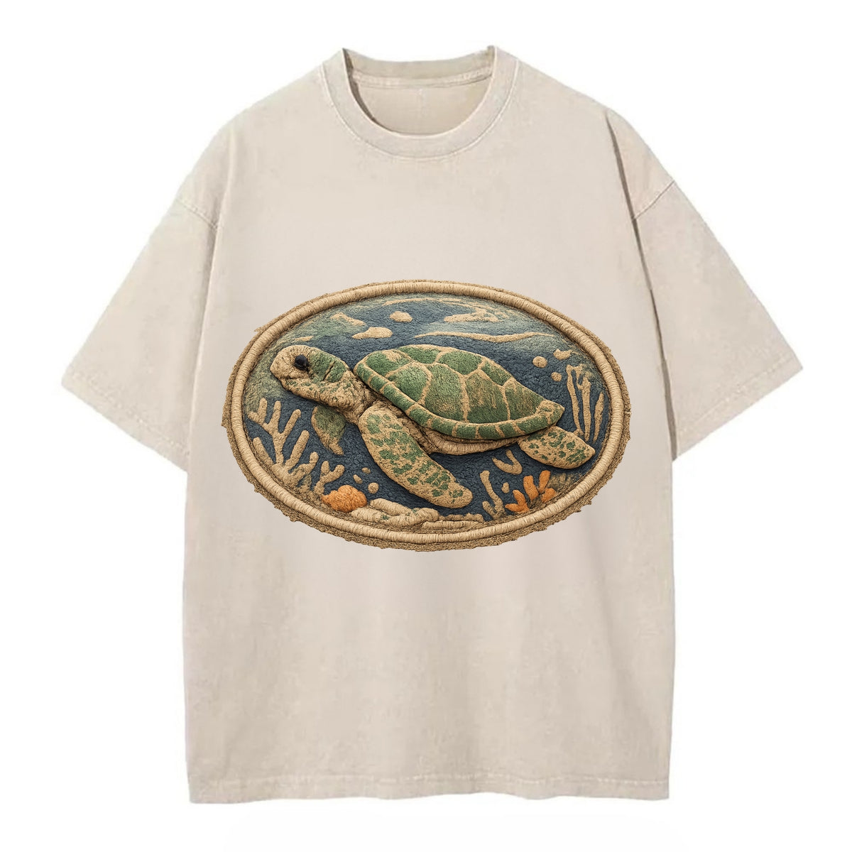 SEA TURTLE - swimming turtle in green and blue , ocean life - Vintage T-shirt - Off White