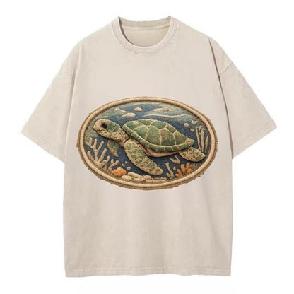 SEA TURTLE - swimming turtle in green and blue , ocean life - Vintage T-shirt - Off White