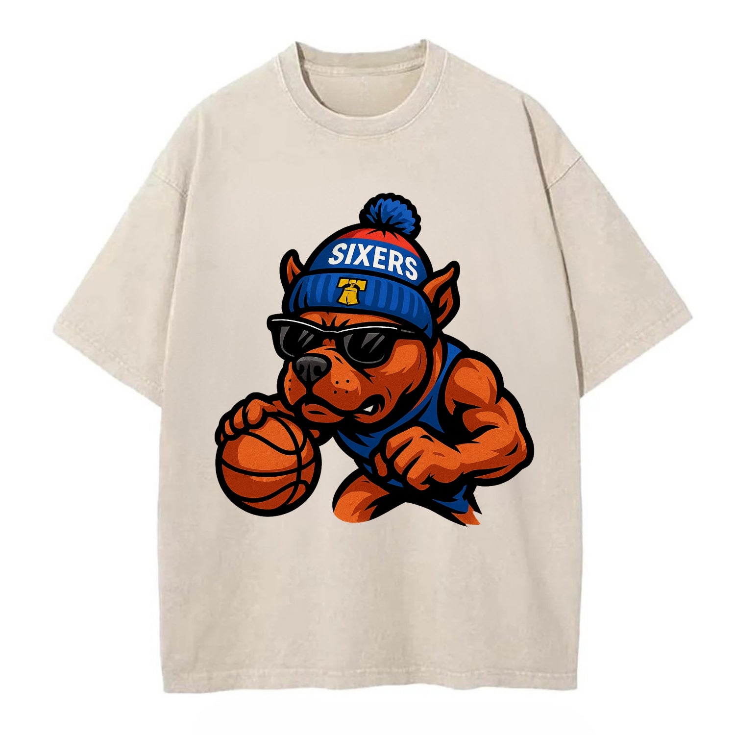 Philly Pitbull wearing Sixers beanie with Liberty Bell and wayfarer sunglasses - Vintage T-shirt - Off White