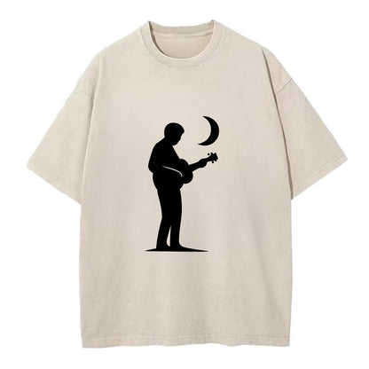 Guitarist playing acoustic under moonlight - Vintage T-shirt - Off White