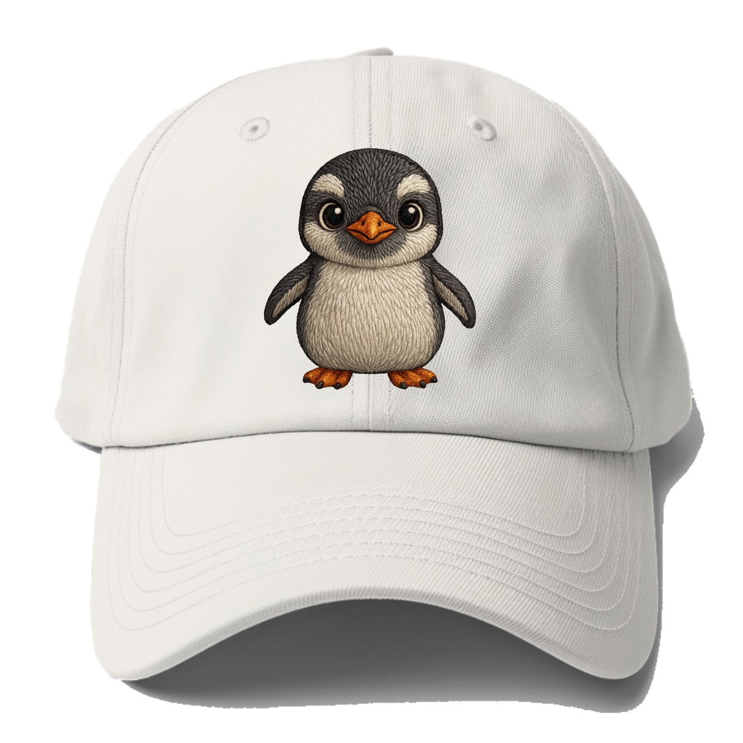 Baby Gentoo Penguin - orange beak, white cap, bright eyes, front-facing, energetic - Baseball Cap - Off White