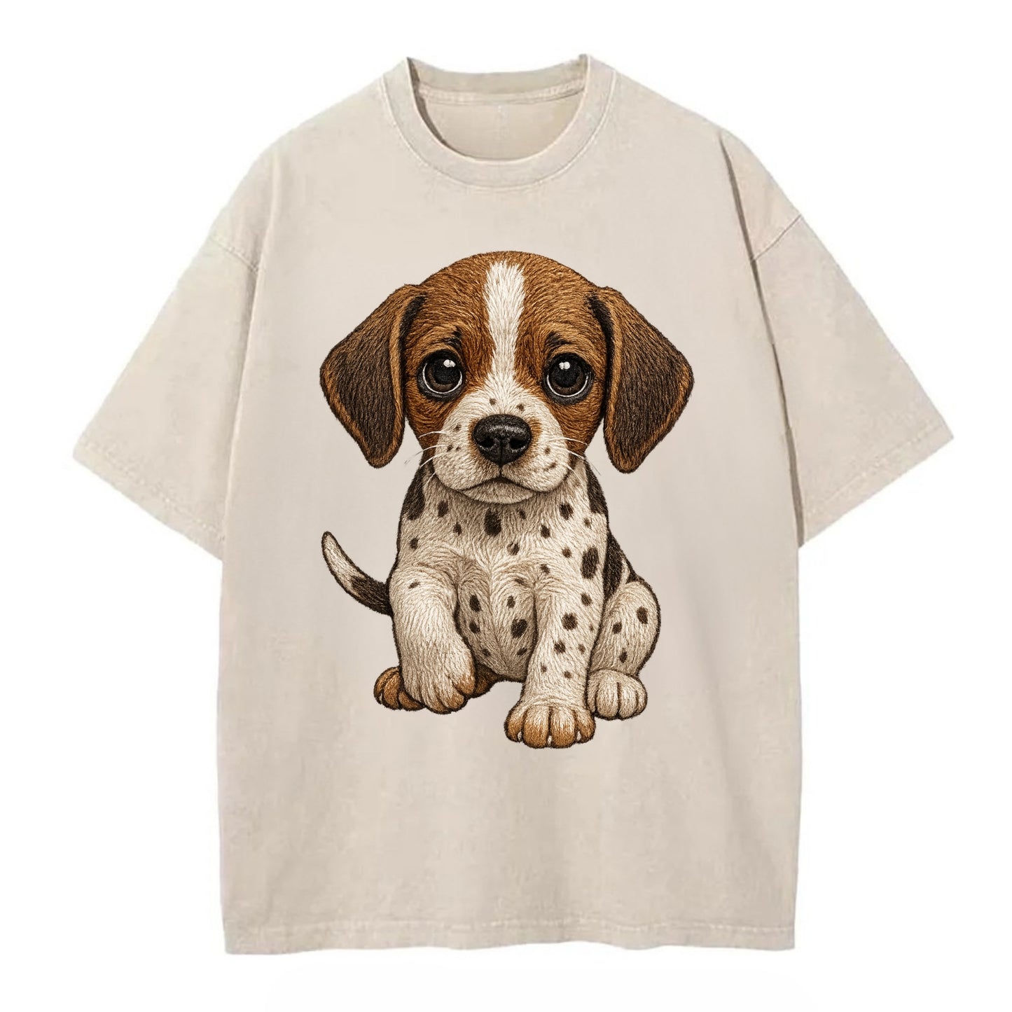 Baby Pointer Puppy - spotted coat, noble stance, alert eyes, front-facing, - Vintage T-shirt - Off White