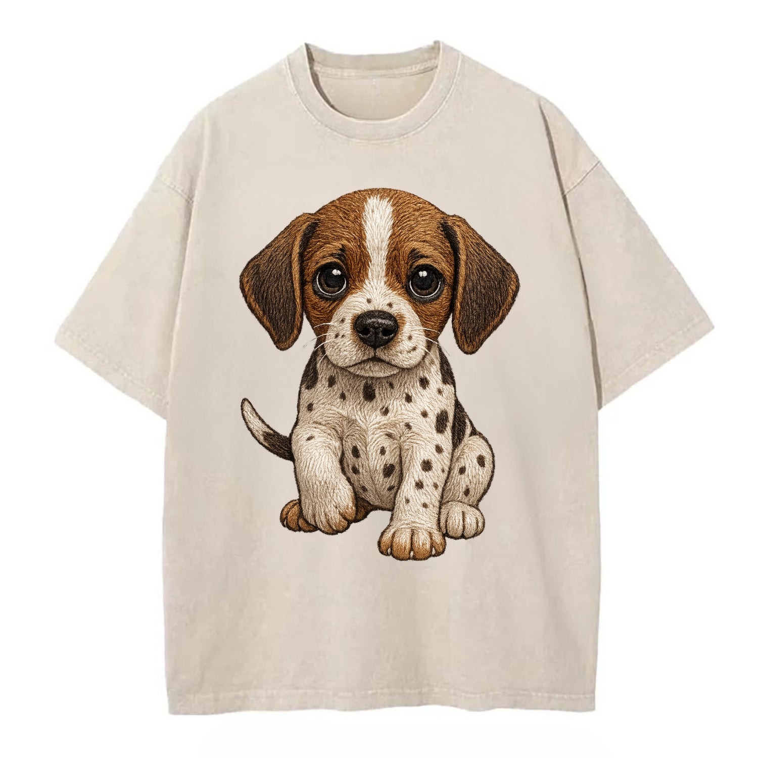 Baby Pointer Puppy - spotted coat, noble stance, alert eyes, front-facing, - Vintage T-shirt - Off White