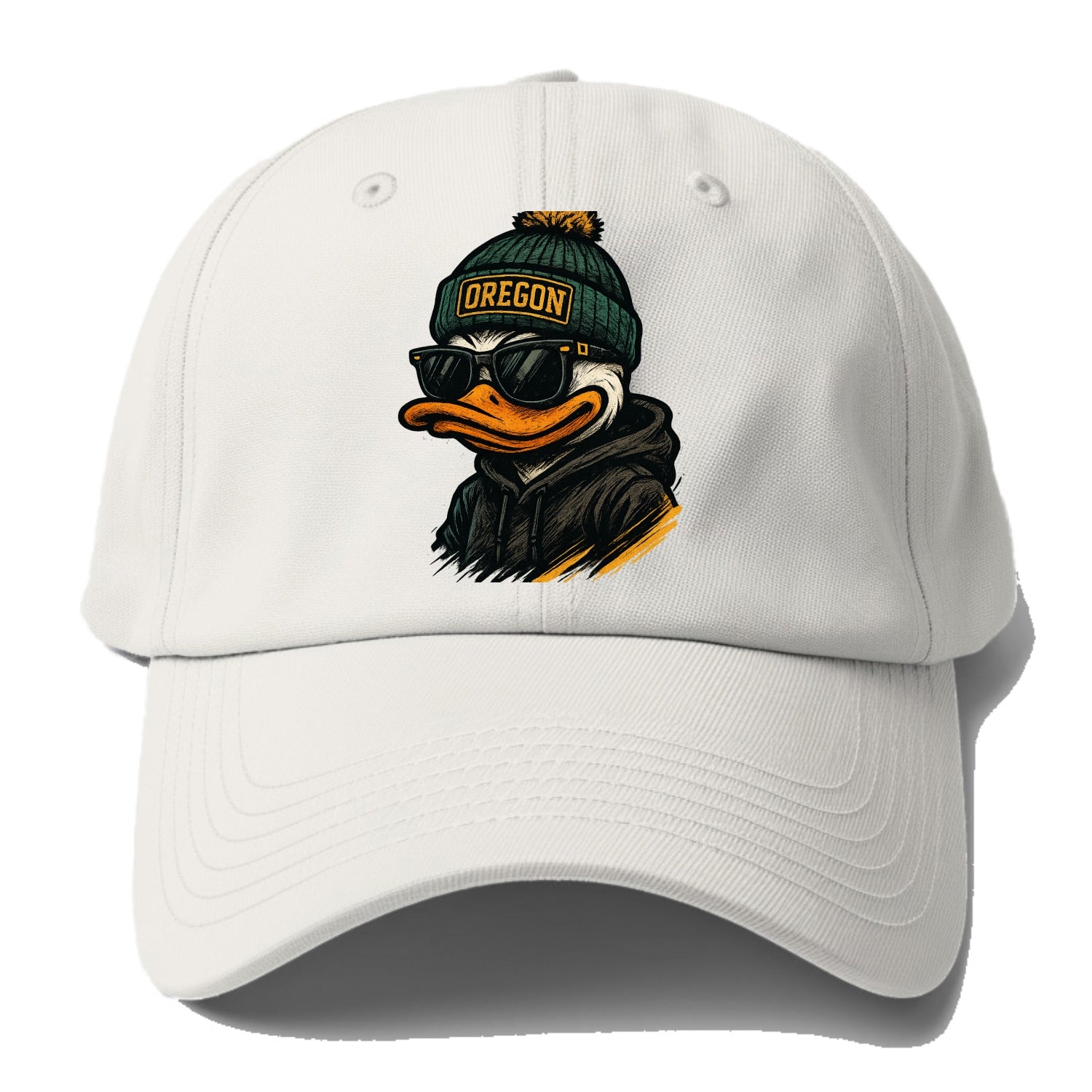 Eugene Duck wearing Oregon beanie with O patch - Baseball Cap - Off White