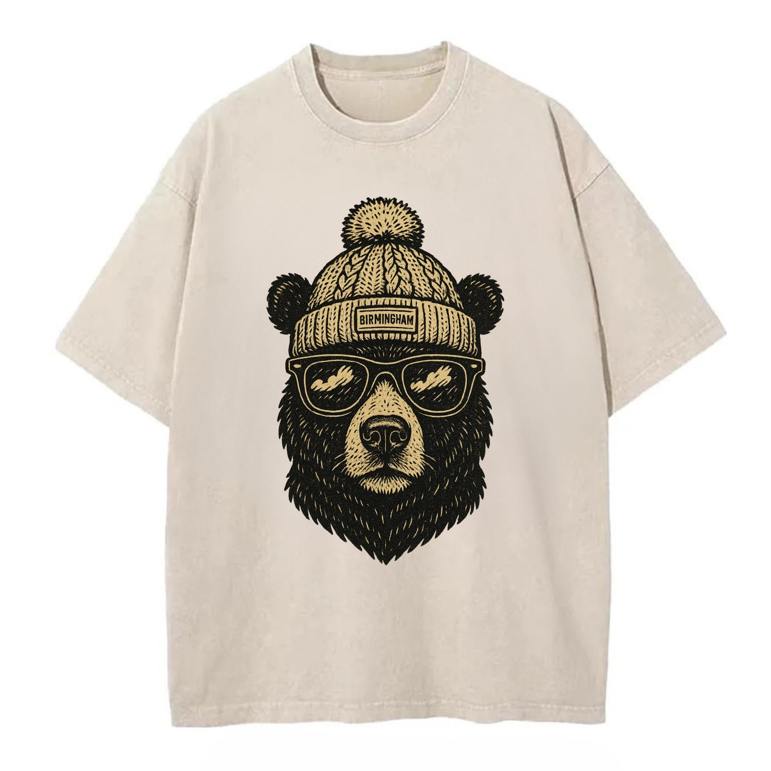 Alabama Black Bear wearing Birmingham beanie with pom pom and wayfarer sunglasses - Vintage T-shirt - Off White