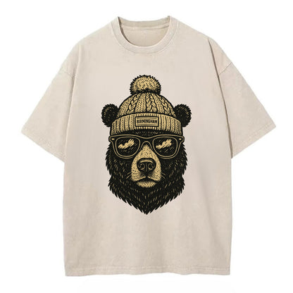 Alabama Black Bear wearing Birmingham beanie with pom pom and wayfarer sunglasses - Vintage T-shirt - Off White