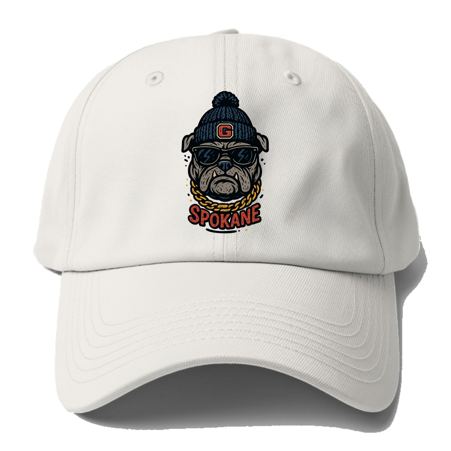 Spokane Bulldog wearing Gonzaga beanie with G patch - Baseball Cap - Off White