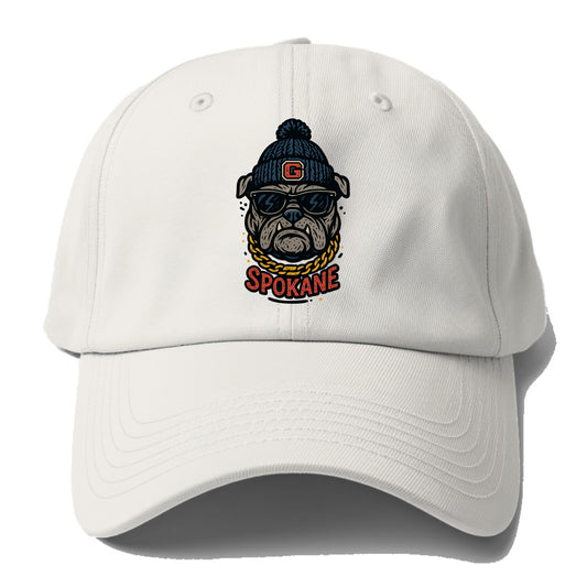 Spokane Bulldog wearing Gonzaga beanie with G patch - Baseball Cap - Off White