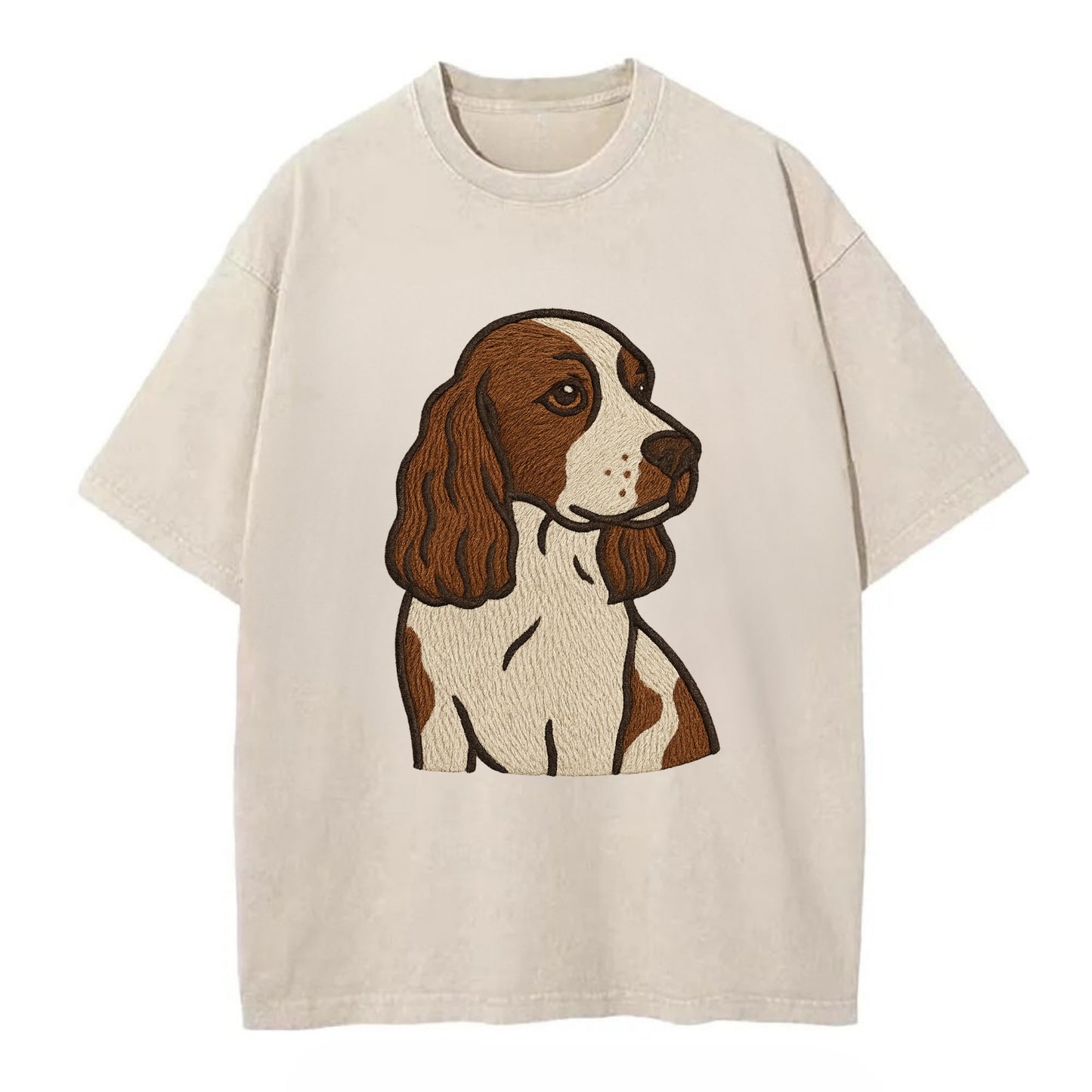 English Cocker Spaniel - Liver and white embroidered design - Vintage T-shirt - Off White