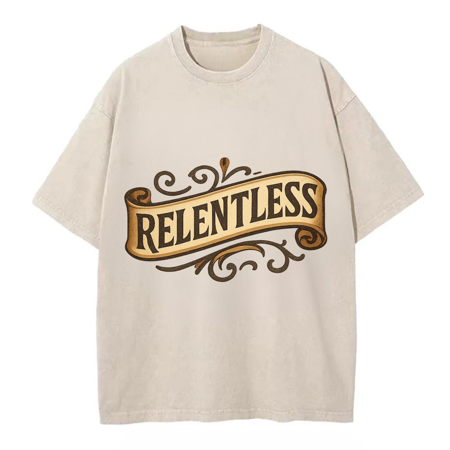 Bold typography design - "RELENTLESS" - never giving up, persistent pursuit - Vintage T-shirt - Off White