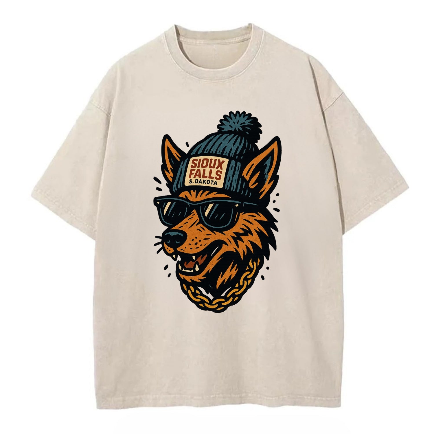 South Dakota Coyote wearing Sioux Falls beanie with pom pom and wayfarer - Vintage T-shirt - Off White