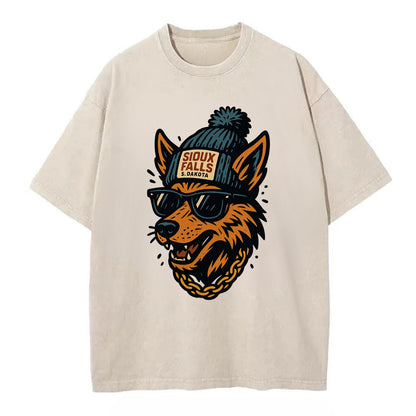 South Dakota Coyote wearing Sioux Falls beanie with pom pom and wayfarer - Vintage T-shirt - Off White