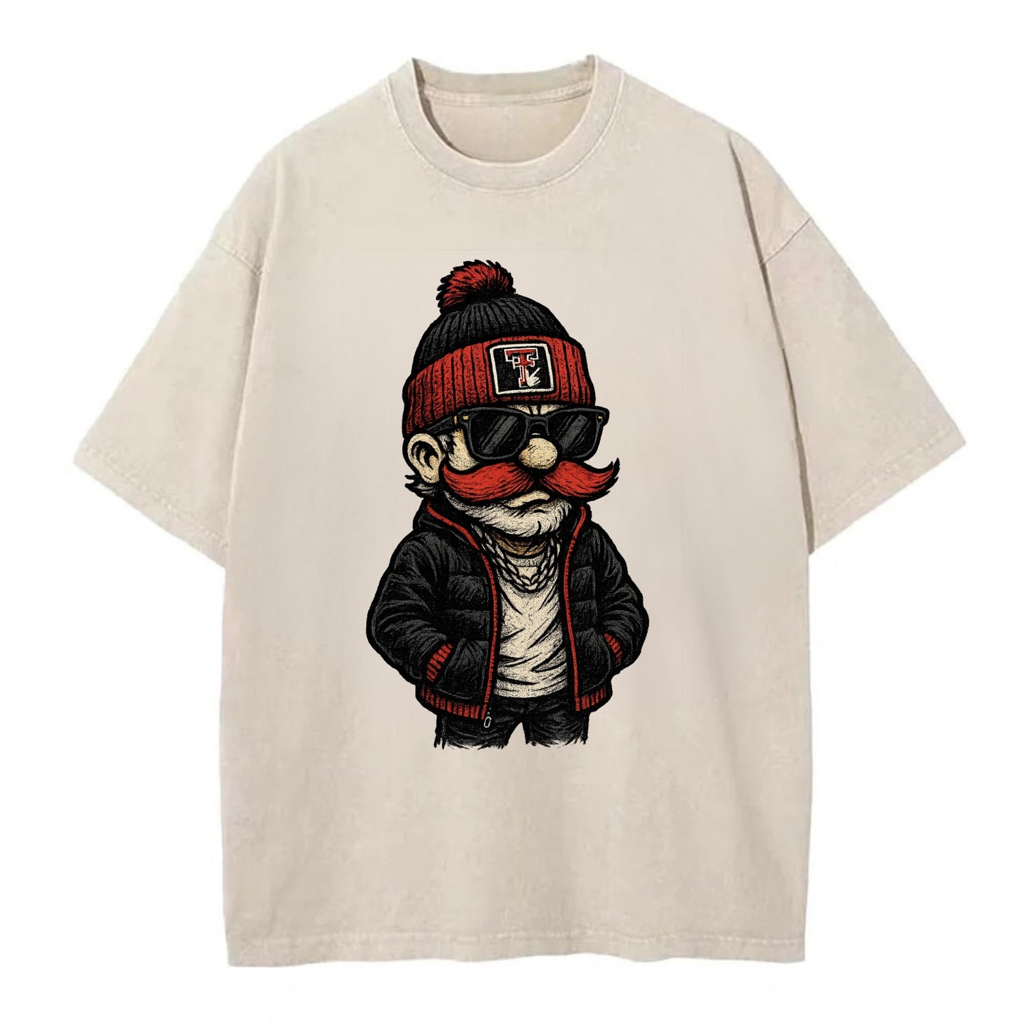 Lubbock Raider wearing Texas Tech beanie with guns up patch - Vintage T-shirt - Off White