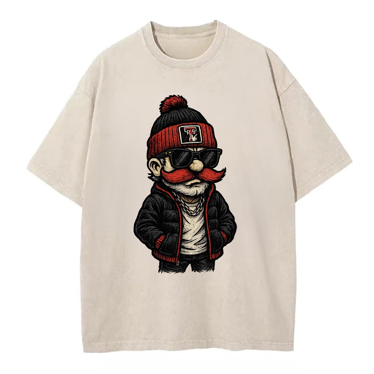 Lubbock Raider wearing Texas Tech beanie with guns up patch - Vintage T-shirt - Off White