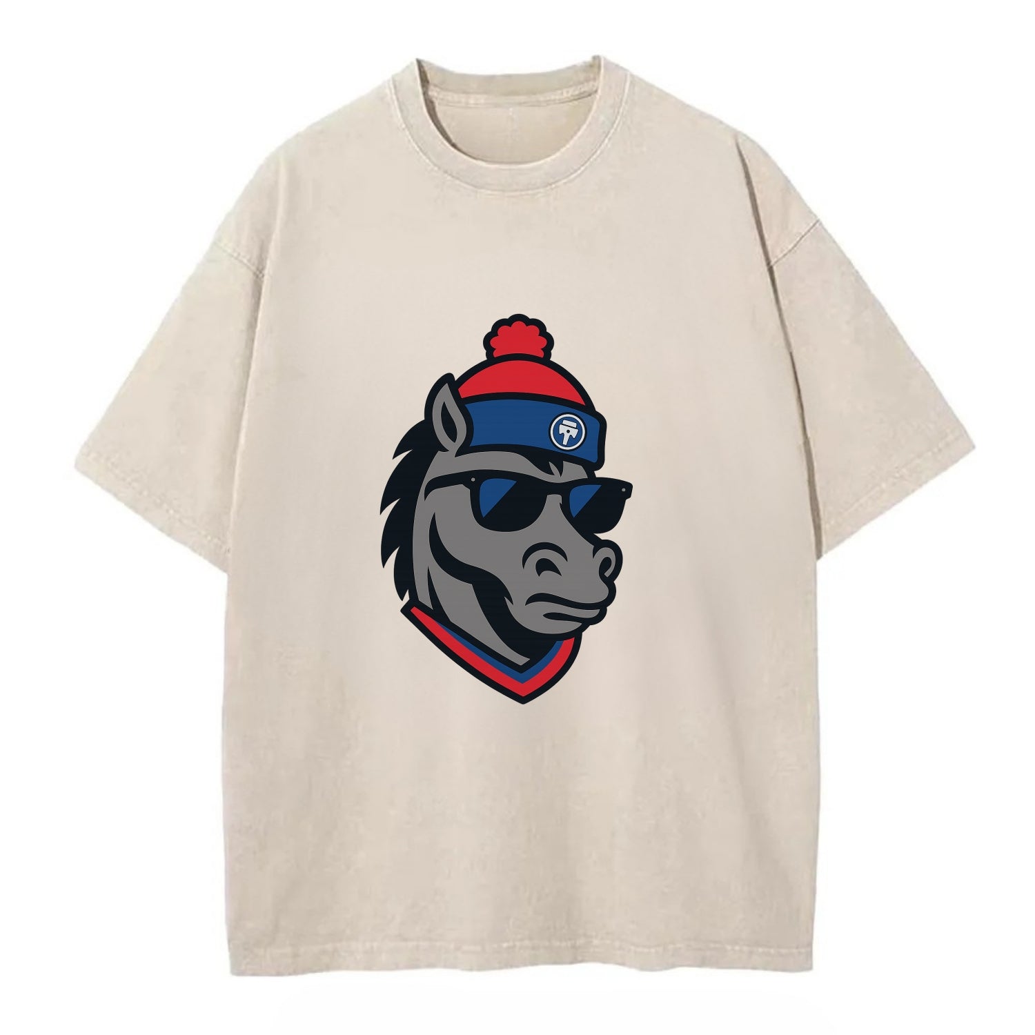 Detroit Stallion wearing Pistons red and blue beanie with piston patch and - Vintage T-shirt - Off White