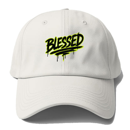 Bold typography design - "BLESSED" - recognizing good fortune, abundance - Baseball Cap - Off White